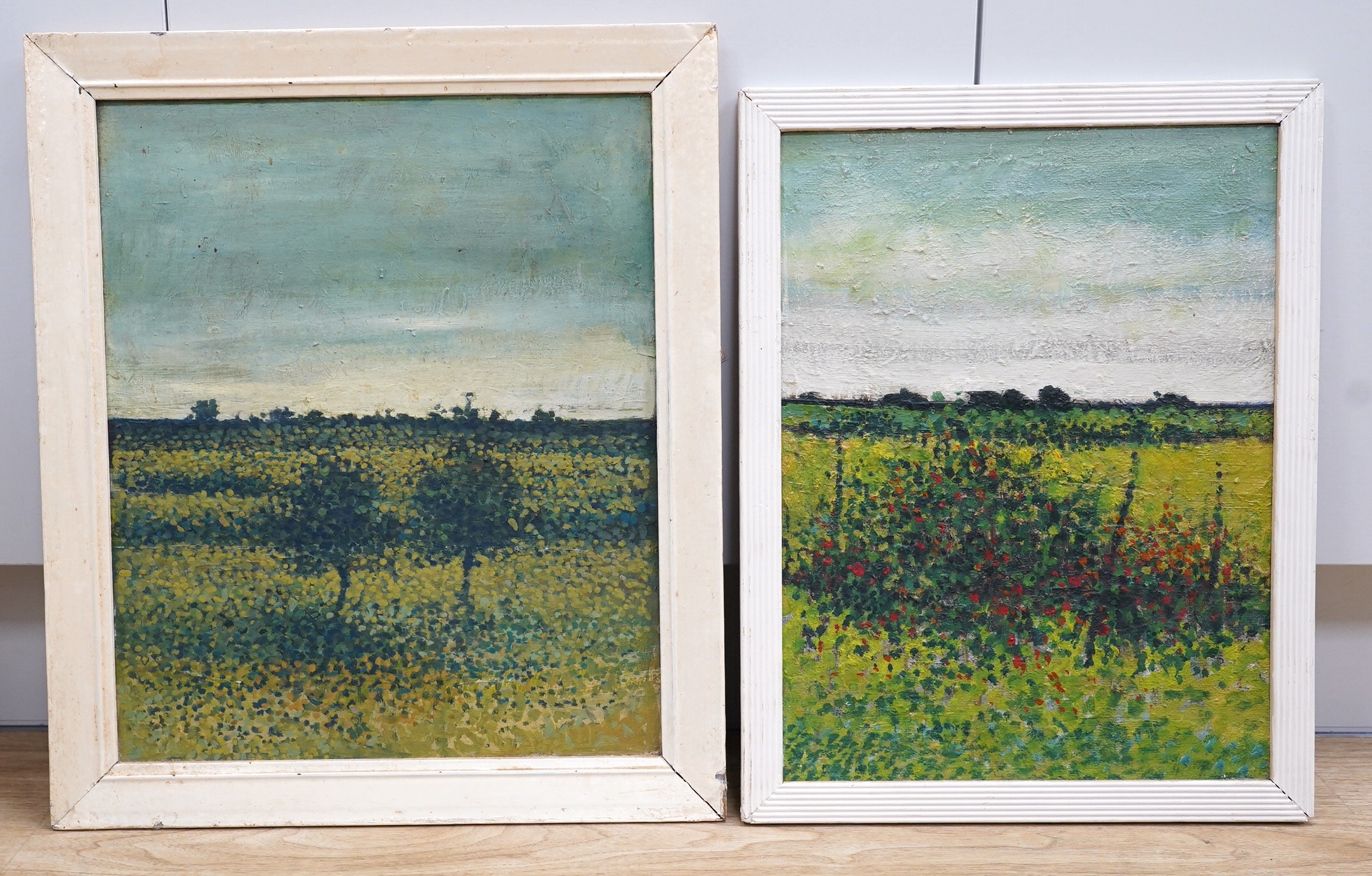 Two Pointillist oils on board, Rural landscapes, one inscribed in ink David Humphreys 1959 verso, unsigned, largest 42 x 34cm. Condition - fair